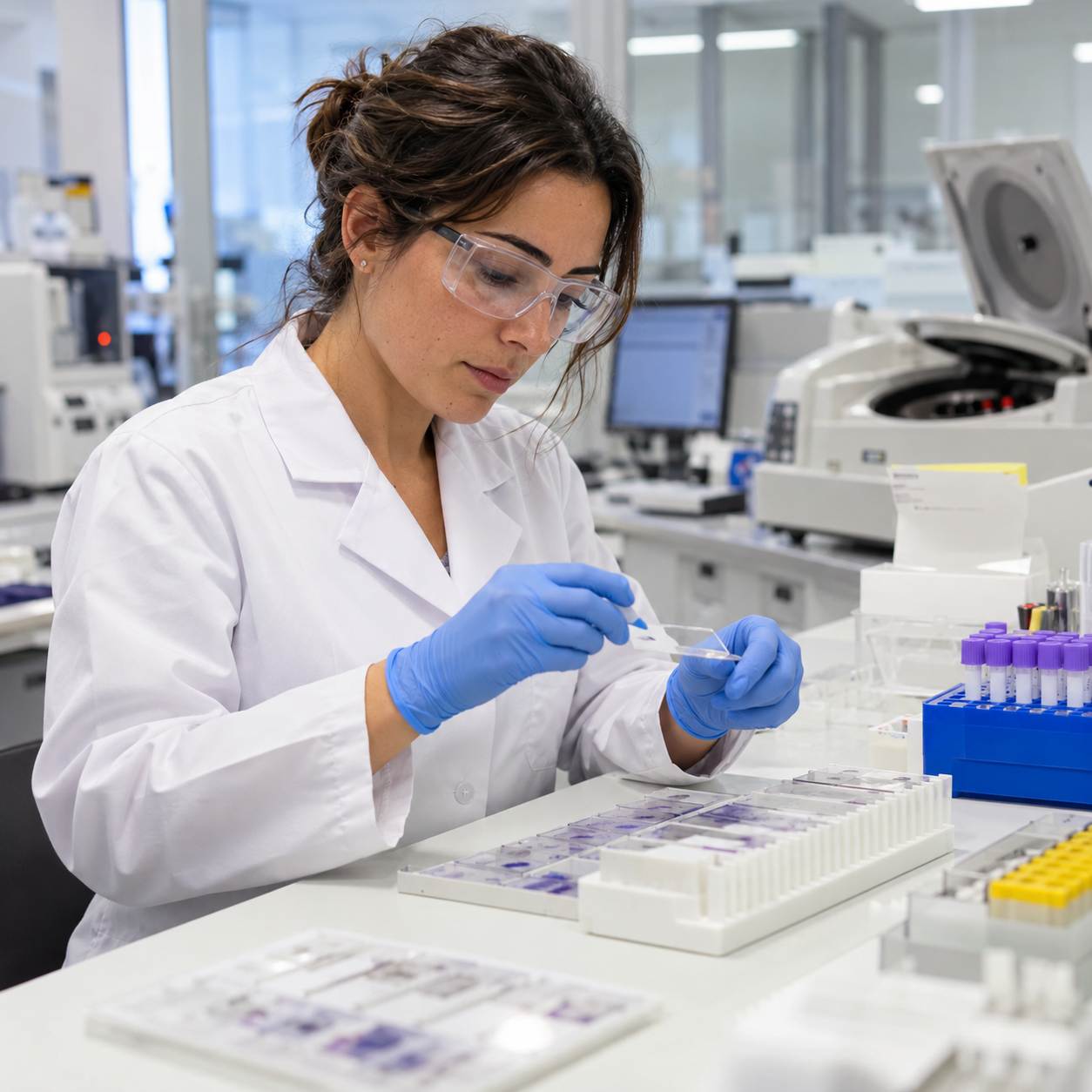 tecnica de laboratorio preparando muestras